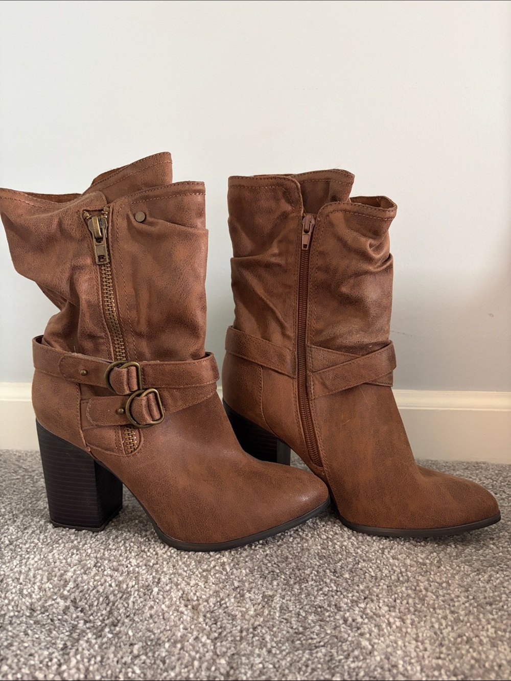 Carlos by Carlos Santana Cognac Brown Buckle Mid-Calf Heeled Boots